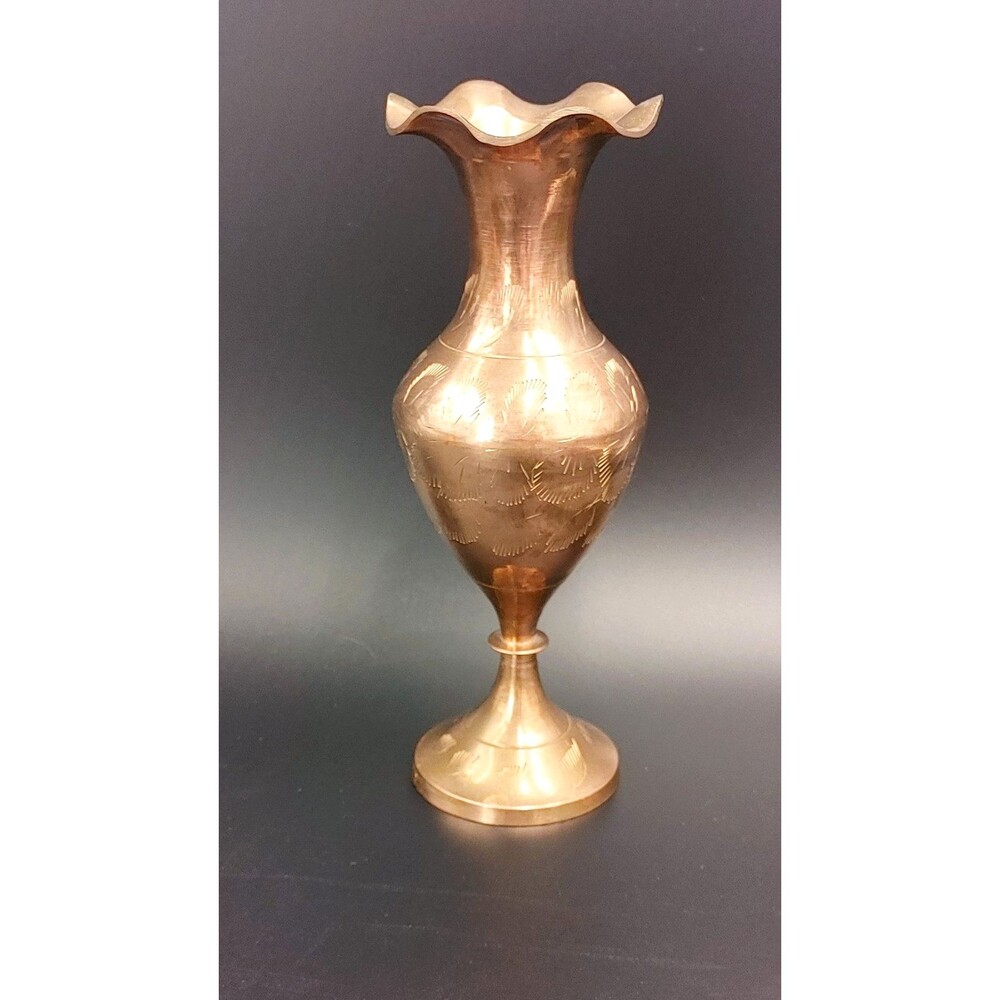 Vintage Brass Vase Etched Ruffle Edge Pedastal Solid Brass 8" Metalware India